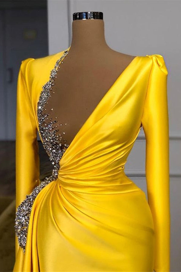 Yellow Long Sleeves Mermaid V-neck Satin Beads Evening Dresses