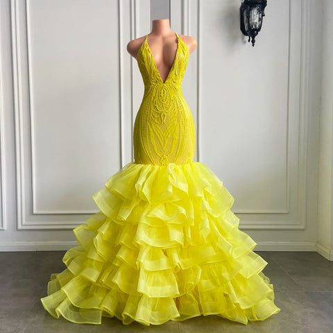 Yellow Long V Neck Halter Mermaid Tulle Lace Prom Dress with Ruffle