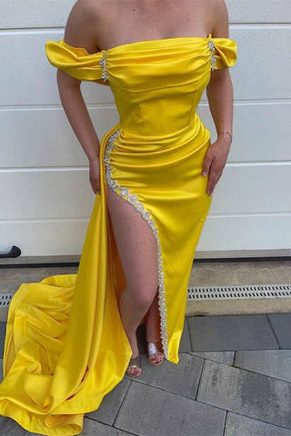 Yellow Off-the-Shoulder Satin Beads Mermaid Prom Dress With Split