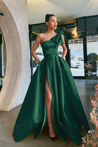 Burgundy Long A-line One Shoulder Satin Evening Dresses Split with Pockets