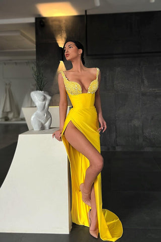 Yellow Long Sweetheart Sequin Straps Mermaid Evening Dress with Slit