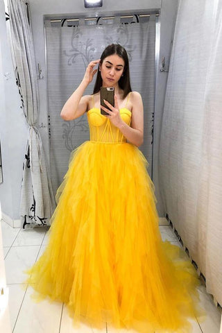 A Line Yellow Tulle Prom Dress Sleeveless Evening Gown PSK217