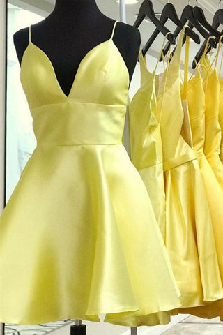Gelbes V-Ausschnitt-Satin-Träger-Heimkehrkleid, kurzes Ballkleid PD279