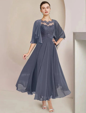 Zweiteiliges A-Linien-Kleid für die Mutter der Braut, formeller Hochzeitsgast, eleganter U-Ausschnitt, knielang, Chiffon, Spitze, 3/4-Ärmel, Wickelkleid inklusive, mit Applikationen, Rüschen