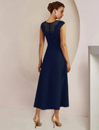 Vestido de mãe da noiva em duas peças, corte A, formal, para convidada de casamento, elegante, decote redondo, comprimento chá, chiffon, renda, manga 3/4, casaco, vestidos com faixa/fita, aplicações