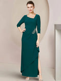 Abito da Madrina della Sposa / Colonna con Scollo a Barchetta, Lunghezza alla Caviglia, Chiffon Elasticizzato, Manica 3/4, Cristalli, Balze e Spacco Frontale per Ospiti di Nozze Elegante
