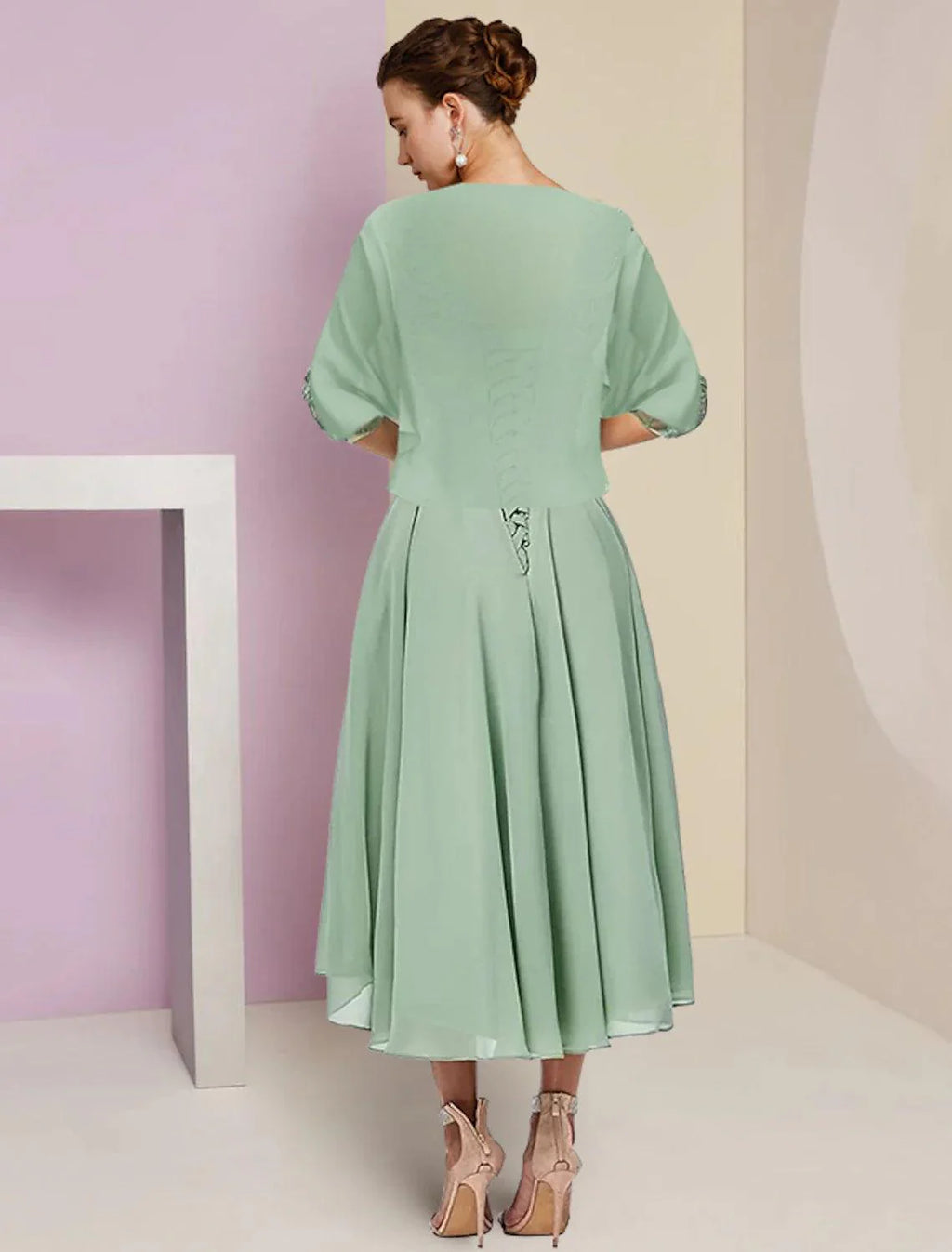 Vestido de mãe da noiva em duas peças, corte A, formal, para convidada de casamento, elegante, decote redondo, assimétrico, comprimento chá, chiffon, renda, meia manga, com aplicações de missangas