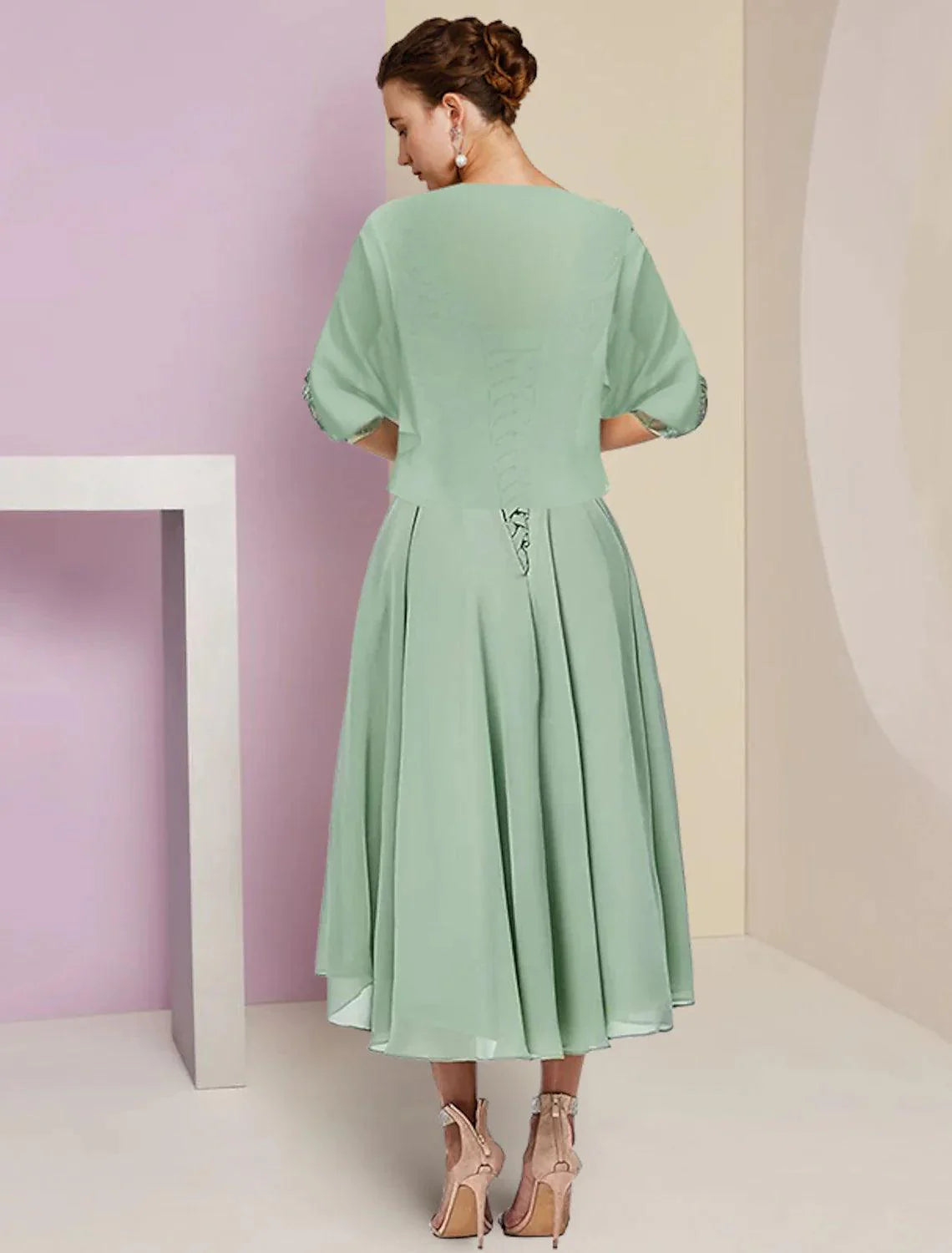 Vestido de mãe da noiva em duas peças, corte A, formal, para convidada de casamento, elegante, decote redondo, assimétrico, comprimento chá, chiffon, renda, meia manga, com aplicações de missangas