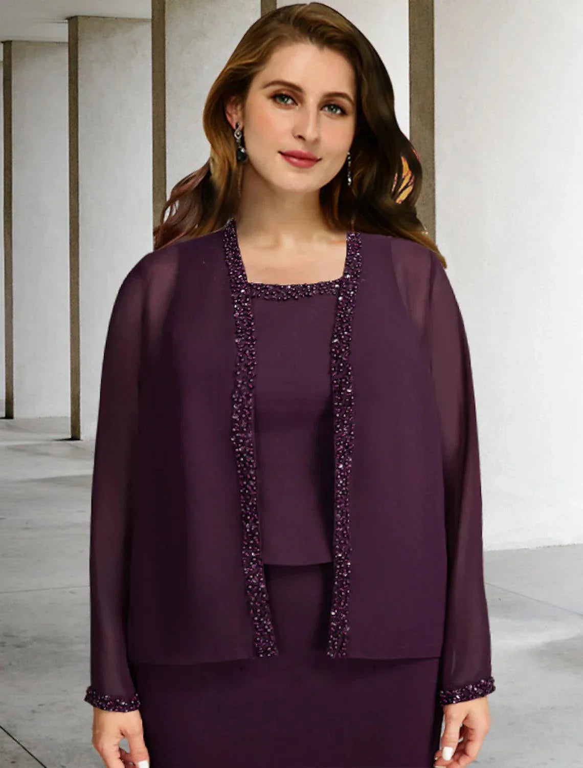 Vestidos de mãe da noiva de duas peças, corte A, plus size, curvos, elegantes, formais, comprimento até ao tornozelo, sem mangas, decote quadrado, chiffon com folhos e missangas