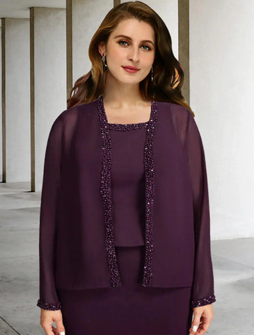 Zweiteiliges A-Linien-Kleid in Übergröße, geschwungen, elegantes Kleid für die Brautmutter, formell, knöchellang, ärmellos, quadratischer Ausschnitt, Chiffon mit Perlenrüschen