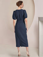 Vestido tubinho/coluna para mãe da noiva, convidado formal de casamento, elegante, decote redondo, comprimento chá, chiffon elástico, manga curta com faixa/fita