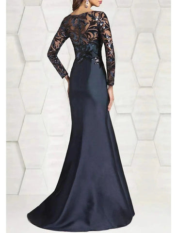 Meerjungfrau/Trompete Kleid für die Mutter der Braut, Herbst, Hochzeitsgast, elegant, funkelnd und glänzend, Juwelenhals, bodenlang, Satin, Pailletten, lange Ärmel mit Pailletten, Farbblock