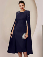 Vestido de mãe da noiva com bainha/coluna, para convidada de casamento formal, elegante, decote redondo, comprimento até ao joelho, chiffon elástico, manga comprida com missangas