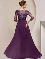 Vestido de mãe da noiva com bainha/coluna, elegante, decote redondo, comprimento até ao joelho, chiffon, renda, manga 3/4, com aplicações de lantejoulas e missangas