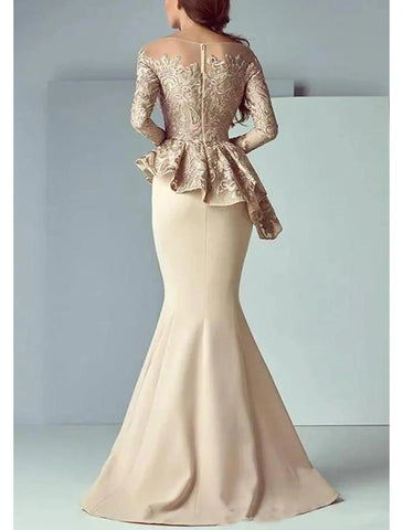 Meerjungfrau/Trompete Kleid für die Mutter der Braut, formeller Hochzeitsgast, elegant, U-Ausschnitt, bodenlang, Spitze, Stretchstoff, lange Ärmel mit Rüschenapplikationen