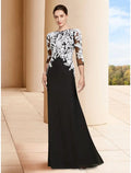 Etuikleid/Säulenkleid für die Brautmutter, Hochzeitsgast, elegant, Rundhalsausschnitt, bodenlang, Stretch-Chiffon, 3/4-Ärmel mit Spitze