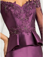 Mermaid / Trumpet Mother of the Bride Dress Wedding Guest Party Elegant Off Shoulder Floor Length Stretch Satin 3/4 Length Sleeve with Lace Sequin Ruching