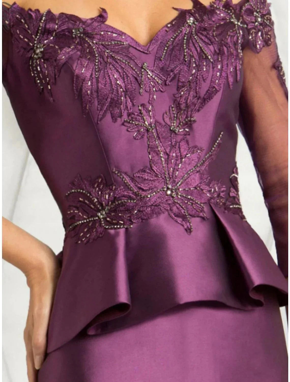 Vestido sereia/trompete para mãe da noiva, convidada para a festa de casamento, elegante, ombro descoberto, comprimento até ao chão, cetim elástico, manga 3/4, com renda, lantejoulas, franzido