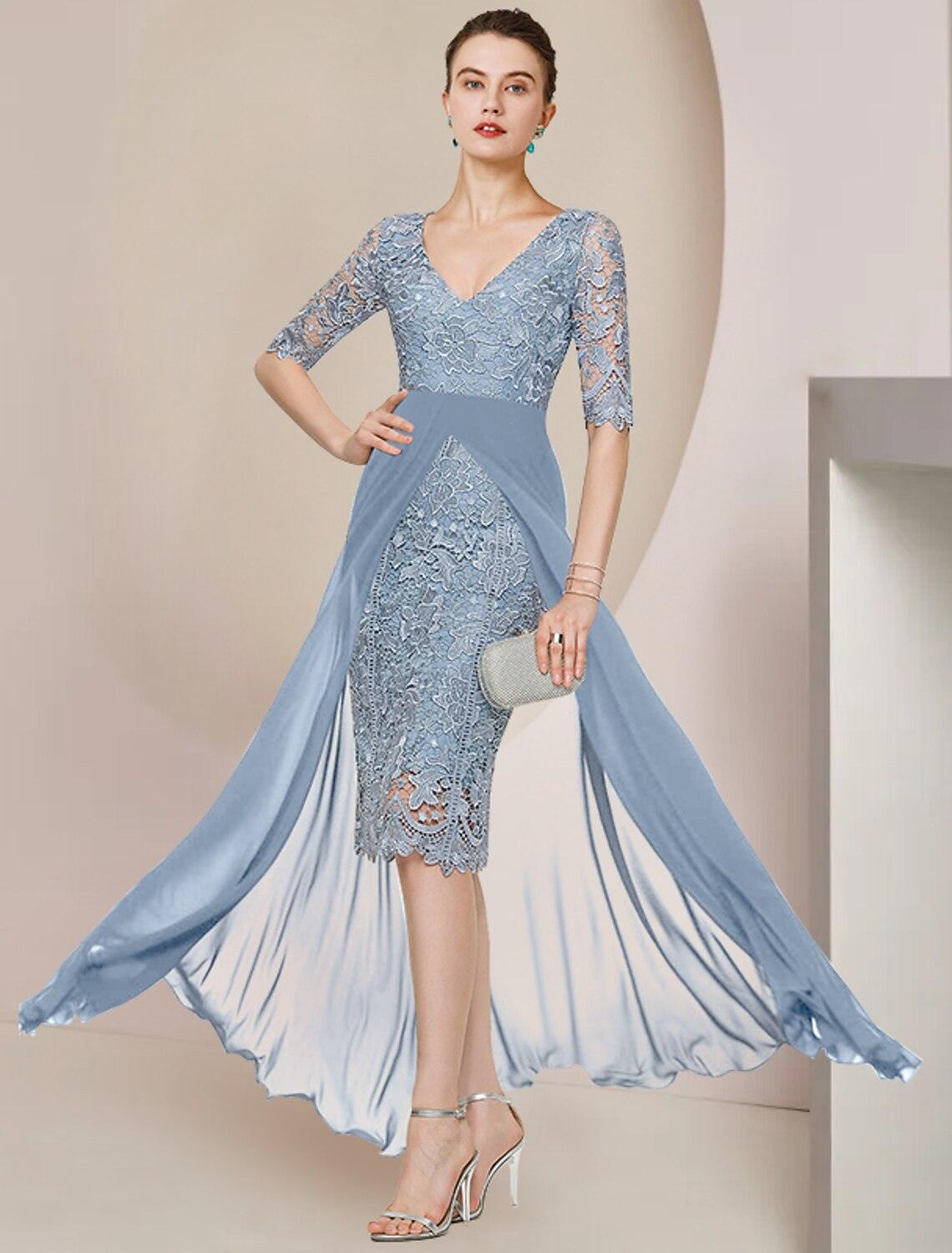 Vestido de mãe da noiva com bainha/coluna, para convidada de casamento formal, elegante, decote em V, comprimento até ao joelho, chiffon, renda, meia manga com aplicações