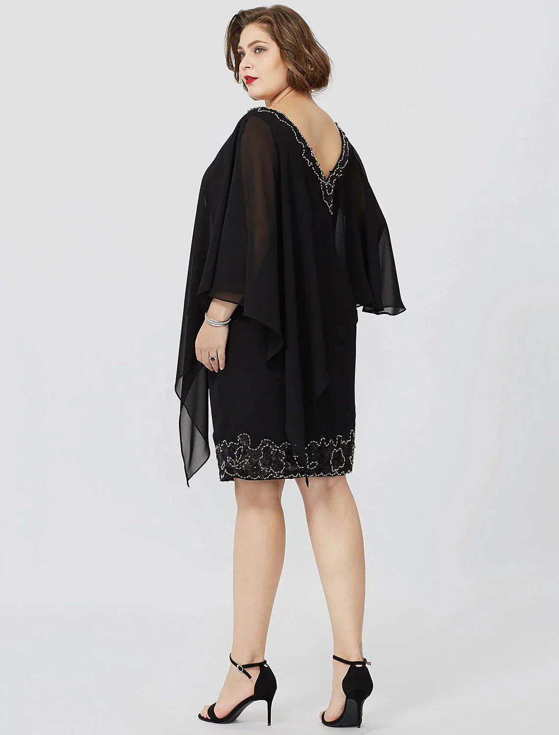 Vestido de mãe da noiva com bainha/coluna, formal, clássico e intemporal, elegante e luxuoso, tamanho grande, decote em V, comprimento até ao joelho, chiffon, sem mangas, sem cristais e missangas