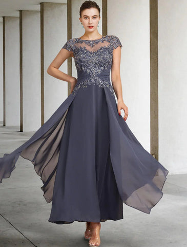 Zweiteiliges A-Linien-Kleid in Übergröße für die Brautmutter, Hochzeitsgast, eleganter Rundhalsausschnitt, knöchellang, Chiffon-Spitze, kurze Ärmel, Herbstwickel inklusive gerüschter Applikationen