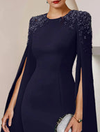 Vestido de mãe da noiva com bainha/coluna, para convidada de casamento formal, elegante, decote redondo, comprimento até ao joelho, chiffon elástico, manga comprida com missangas