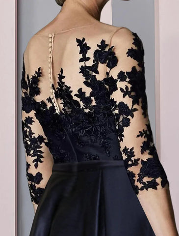 Kleid für die Mutter der Braut, Hochzeitsgast, elegant, hoch, tief, U-Ausschnitt, asymmetrisch, knielang, Satin, Spitze, 3/4-Ärmel mit Falten