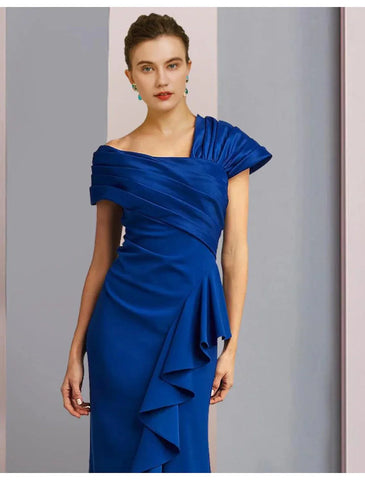 Meerjungfrau/Trompete Kleid für die Mutter der Braut, formeller Hochzeitsgast, elegant, ein Schulterträger, Sweep/Pinselzug, Satin, ärmellos mit gerüschten Rüschen