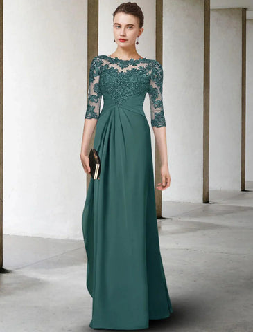 Etuikleid/Säulenkleid in Übergröße, geschwungen, elegantes Kleid für die Brautmutter, Rundhalsausschnitt, bodenlang, Chiffon, Spitze, halbe Ärmel mit Falten, gerüschten Applikationen