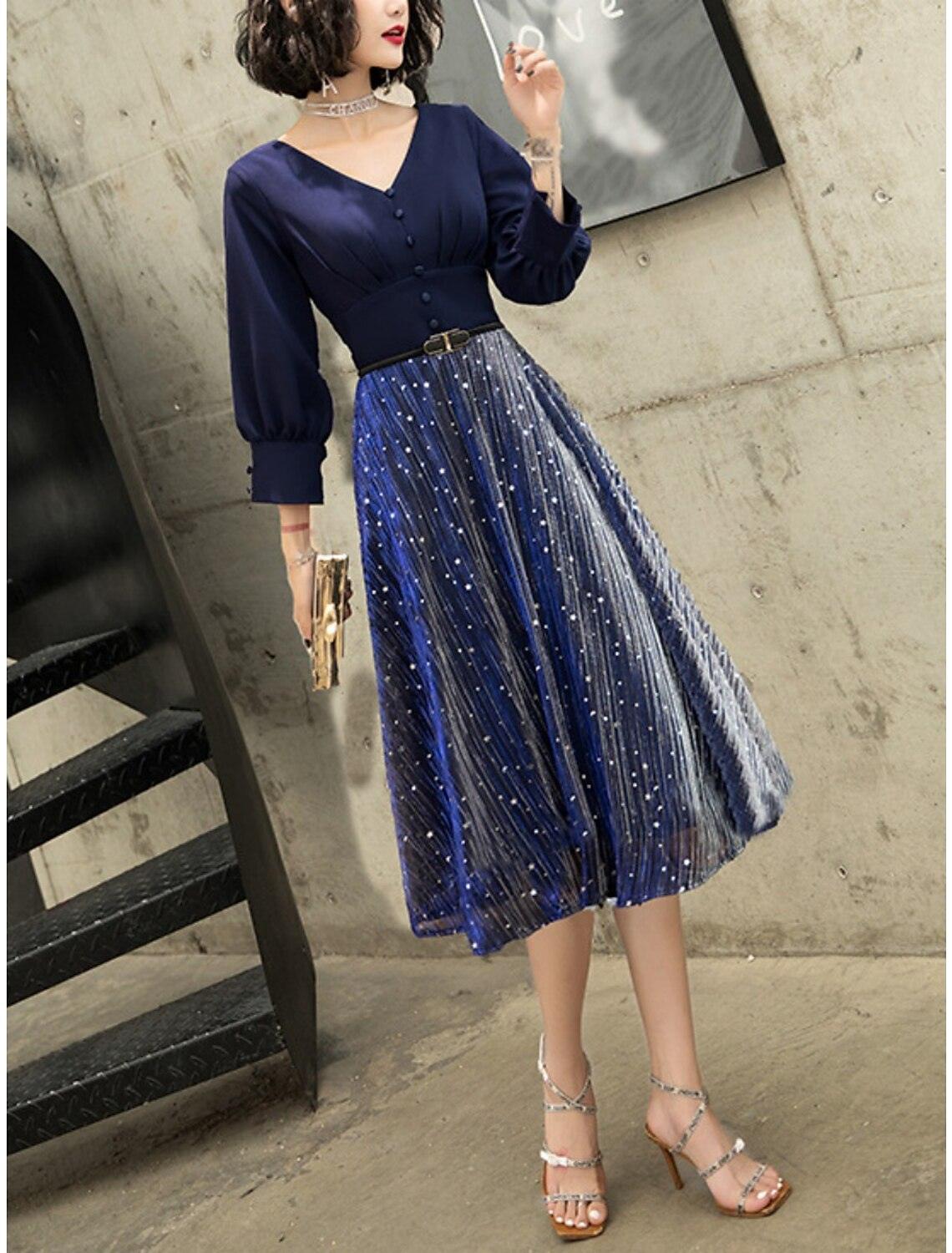 Vestido tubinho/coluna para mãe da noiva, festa de casamento, brilho e cintilante, pequeno, decote em V, comprimento até ao tornozelo, comprimento chá, cetim, lantejoulas, manga 3/4, meia manga com faixa/fita franzida