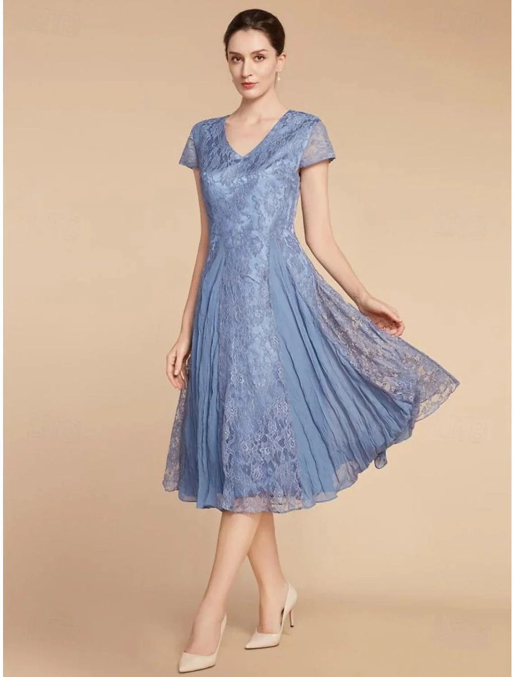 Wedding Guest Elegant Petite V Neck Knee Length Chiffon Lace Short Sleeve with Solid Color Mother of the Bride Dress