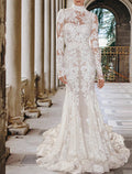 Abiti da Sposa per Fidanzamento Formale Autunno Boho Vestiti da Sposa Mermaid / Trumpet Collo Alto Manica Lunga Coda a Corte Pizzo con Appliques