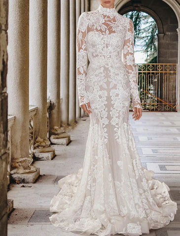 Verlobungs-formale Herbst-Boho-Brautkleider Meerjungfrau/Trompete High Neck Langarm Hofschleppe Spitze Brautkleider mit Applikationen