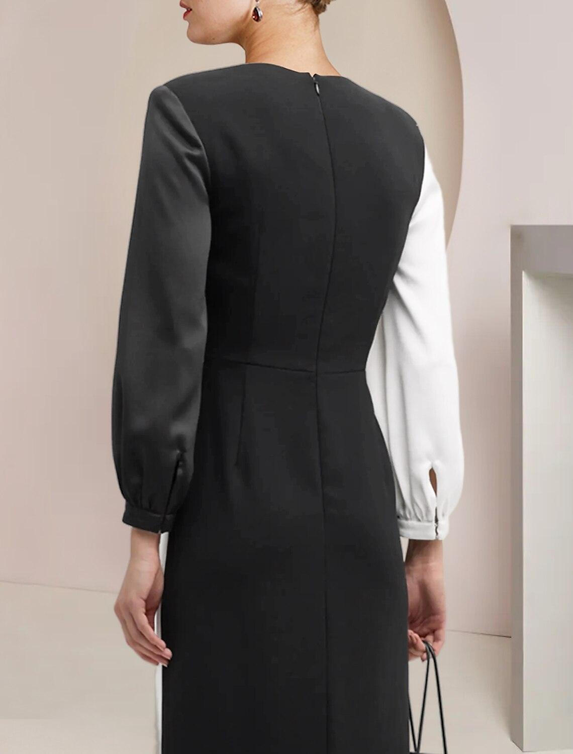 Vestido tubinho/coluna para mãe da noiva, festa formal para convidados de casamento, elegante, decote em V, comprimento até ao chão, cetim elástico, manga 3/4 com blocos de cor