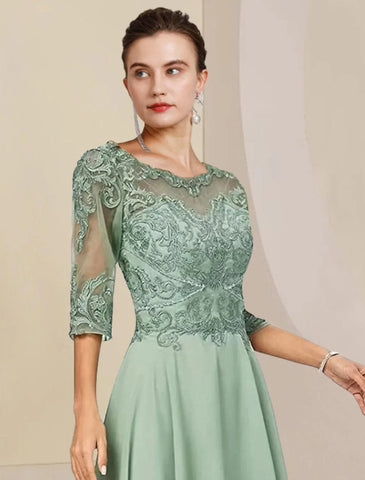 Zweiteiliges A-Linien-Kleid für die Mutter der Braut, formeller Hochzeitsgast, eleganter hoher und niedriger U-Ausschnitt, asymmetrische knielange Chiffon-Spitze, halbe Ärmel, Wickelkleid mit Perlenapplikationen