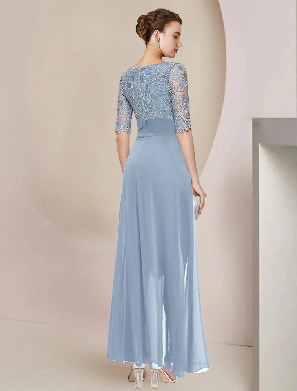 Vestido de mãe da noiva com bainha/coluna, para convidada de casamento formal, elegante, decote em V, comprimento até ao joelho, chiffon, renda, meia manga com aplicações