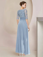 Vestido de mãe da noiva com bainha/coluna, para convidada de casamento formal, elegante, decote em V, comprimento até ao joelho, chiffon, renda, meia manga com aplicações