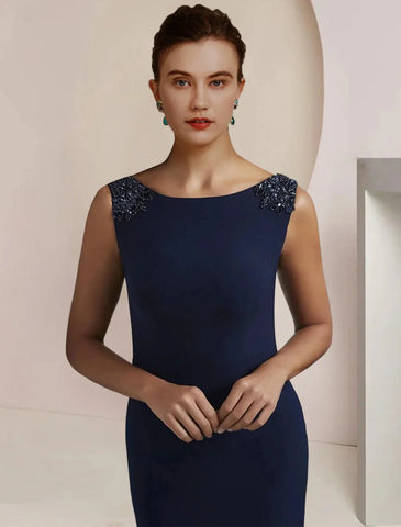 Meerjungfrau/Trompete Kleid für die Brautmutter, formeller Hochzeitsgast, elegant, U-Ausschnitt, Pinselschleppe, Chiffon, ärmellos, mit Perlenstickerei