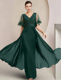 Abito da Sposa per la Madre della Sposa / Modello Fodera Abito da Cerimonia per Ospite Elegante con Scollo a V Lungo fino a Terra in Chiffon Pizzo Tulle Manica Corta con Applicazioni di Paillettes