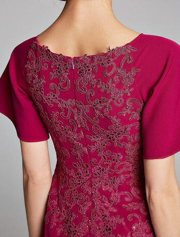 Meerjungfrau/Trompete Kleid für die Brautmutter, U-Boot-Ausschnitt, bodenlang, Chiffon, Spitze, kurze Ärmel mit Spitze, Schlitz vorne