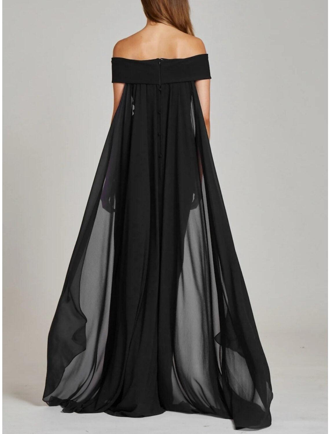 Vestido de mãe da noiva com bainha/coluna, elegante, ombro descoberto, cauda longa/escova, chiffon, manga curta com pregas, cor sólida