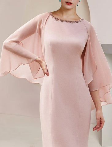 Meerjungfrau/Trompete Kleid für die Mutter der Braut, formelle Hochzeit, Gastparty, Vintage, elegant, U-Ausschnitt, asymmetrisch, knielang, Chiffon, ärmellos, mit Perlen