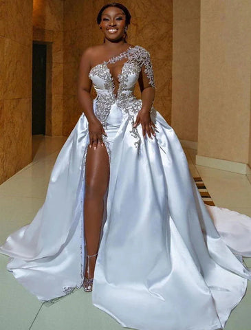 Formelle Brautkleider Ballkleid Eine Schulter Normale Träger Hofschleppe Satin Brautkleider Mit Perlenbesatz Geschlitzte Vorderseite