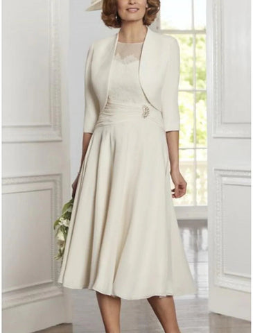 Zweiteiliges elegantes Partykleid mit U-Ausschnitt, knielang, Spitze, Stretch-Chiffon, 3/4-Ärmel, Falten und Kristallen, Mutter der Braut