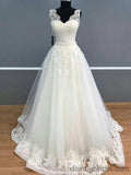 Elegantes A-Linie V-Ausschnitt Langes Spitzentüll Brautkleid.DB10042