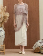 Vestido de mãe da noiva com bainha/coluna, elegante, decote redondo, comprimento até ao tornozelo, cetim, meia manga com folhos de missangas