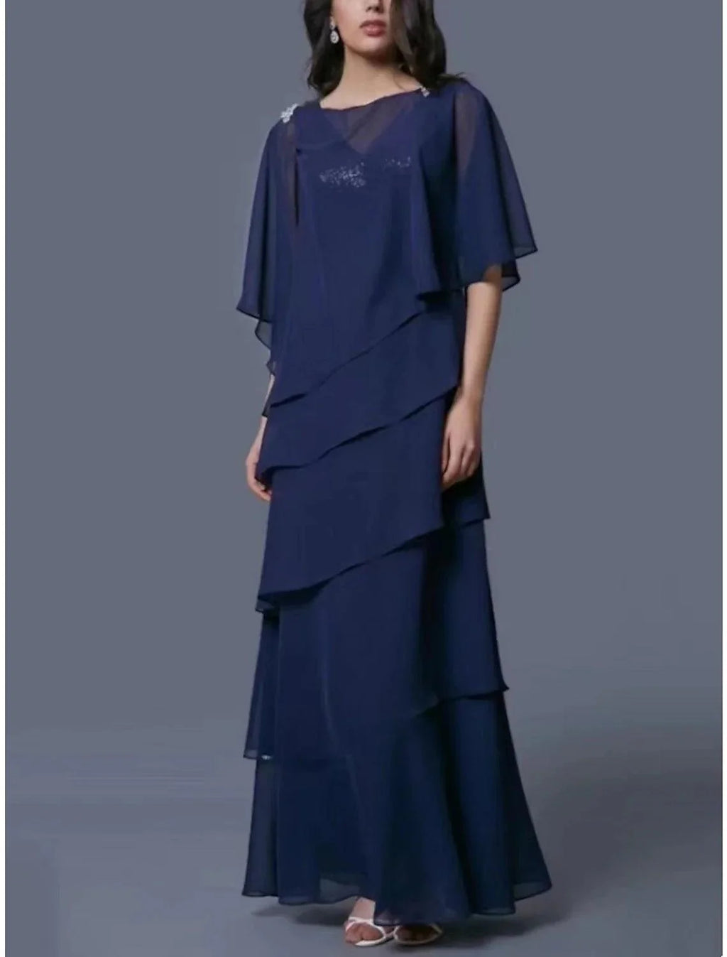 Vestido de mãe da noiva com bainha/coluna, elegante, decote redondo, comprimento até ao tornozelo, chiffon, manga curta com lantejoulas