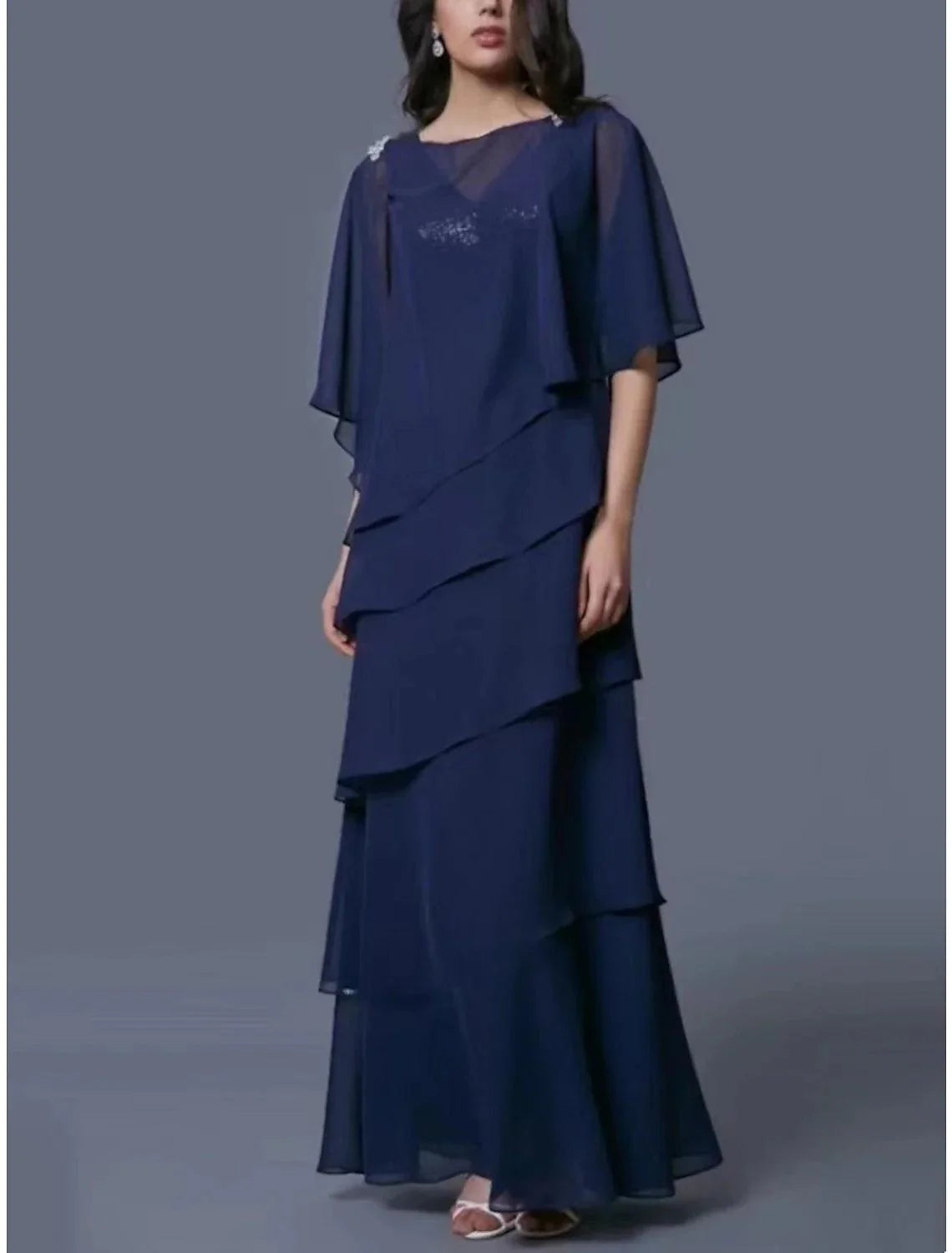 Vestido de mãe da noiva com bainha/coluna, elegante, decote redondo, comprimento até ao tornozelo, chiffon, manga curta com lantejoulas