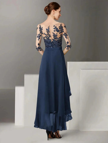 Formelles Hochzeitsgast-Kleid, elegant, hoch, niedrig, schulterfrei, knöchellang, Chiffon, Spitze, halbe Ärmel mit Faltenapplikationen, Mutter der Braut