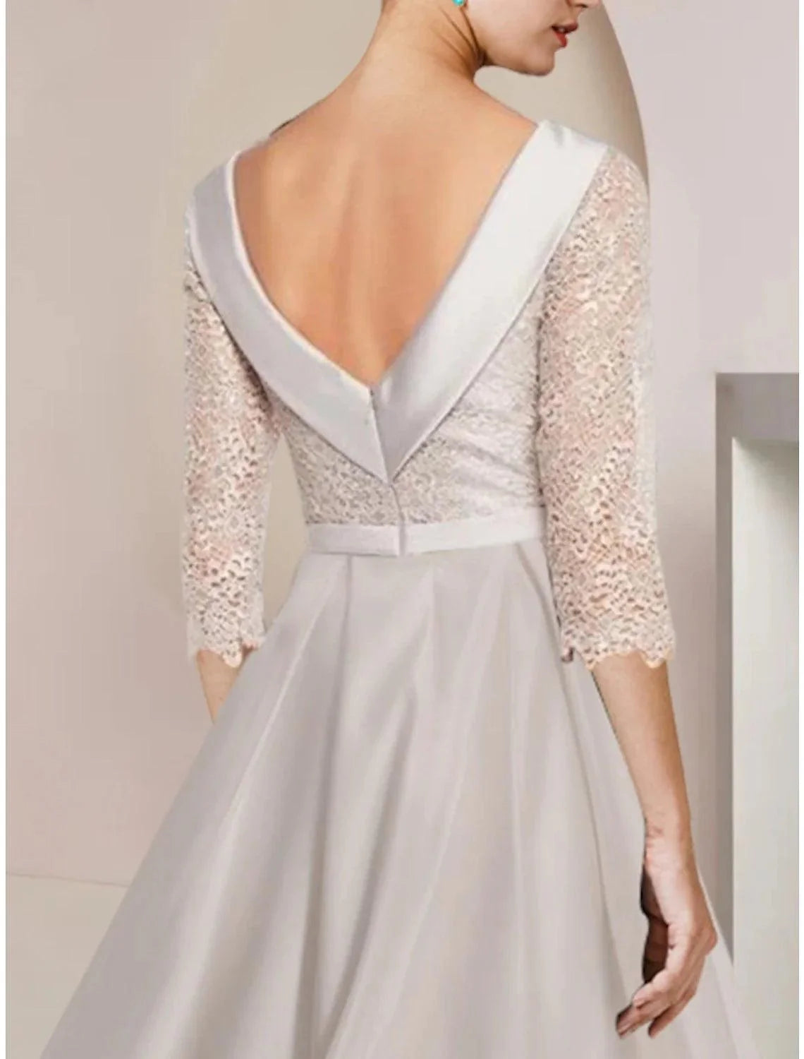 Vestido de mãe da noiva com bainha/coluna, para convidada de casamento, minimalista, elegante, decote redondo, comprimento chá, cetim, renda, meia manga com franzido
